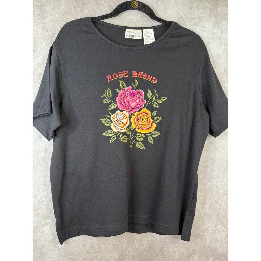 NWT VTG Basic Editions Embellished Tee Womens Large Black Floral Rose Sequin